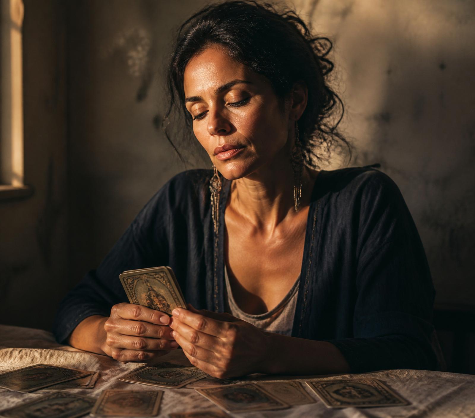 Advisor reading tarot in warm window light